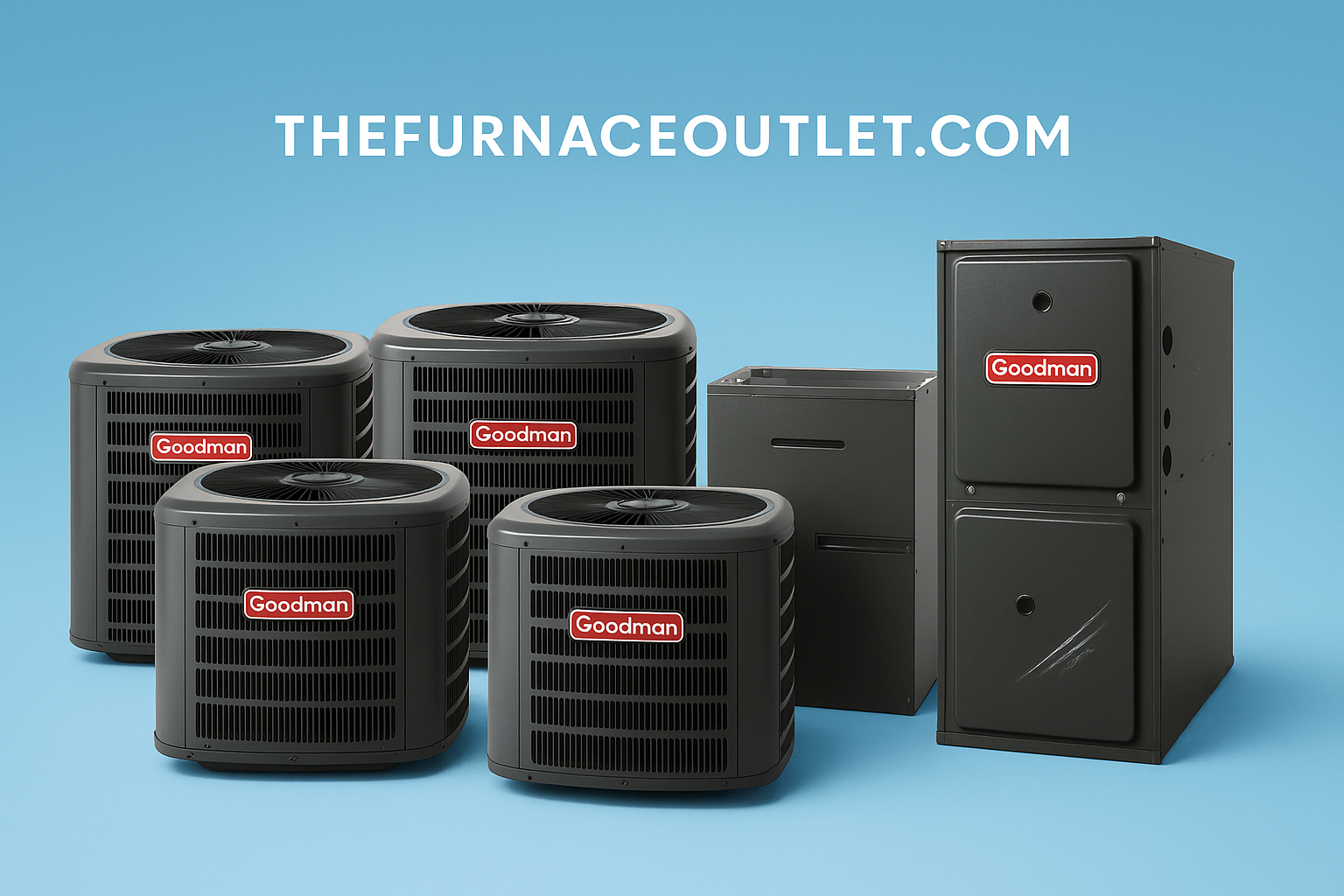 A digital advertisement for TheFurnaceOutlet.com displays three Goodman AC units and two furnaces—one with a visible scratch—arranged on a blue background to promote scratch and dent HVAC options.