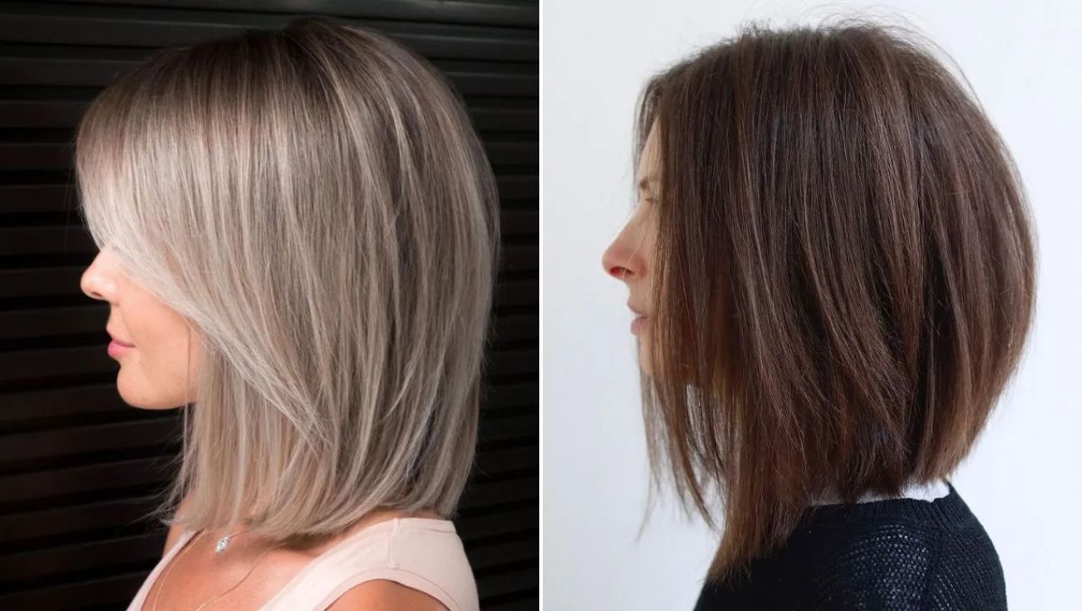 Visual comparison of two hairstyles: a Sleek Bob with Precise Angles and No Bangs next to a shorter bob haircut.