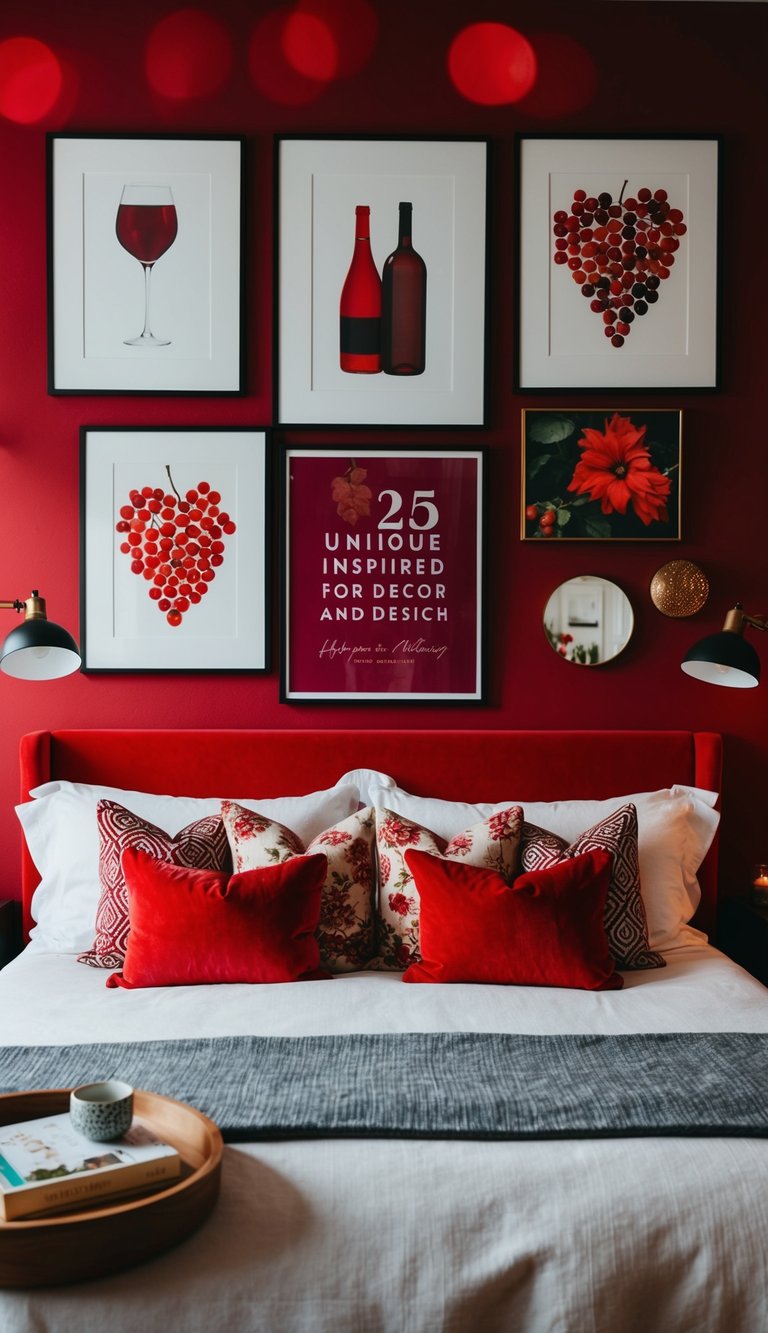 A cozy red bedroom with wine-inspired artwork, featuring 25 unique ideas for decor and design