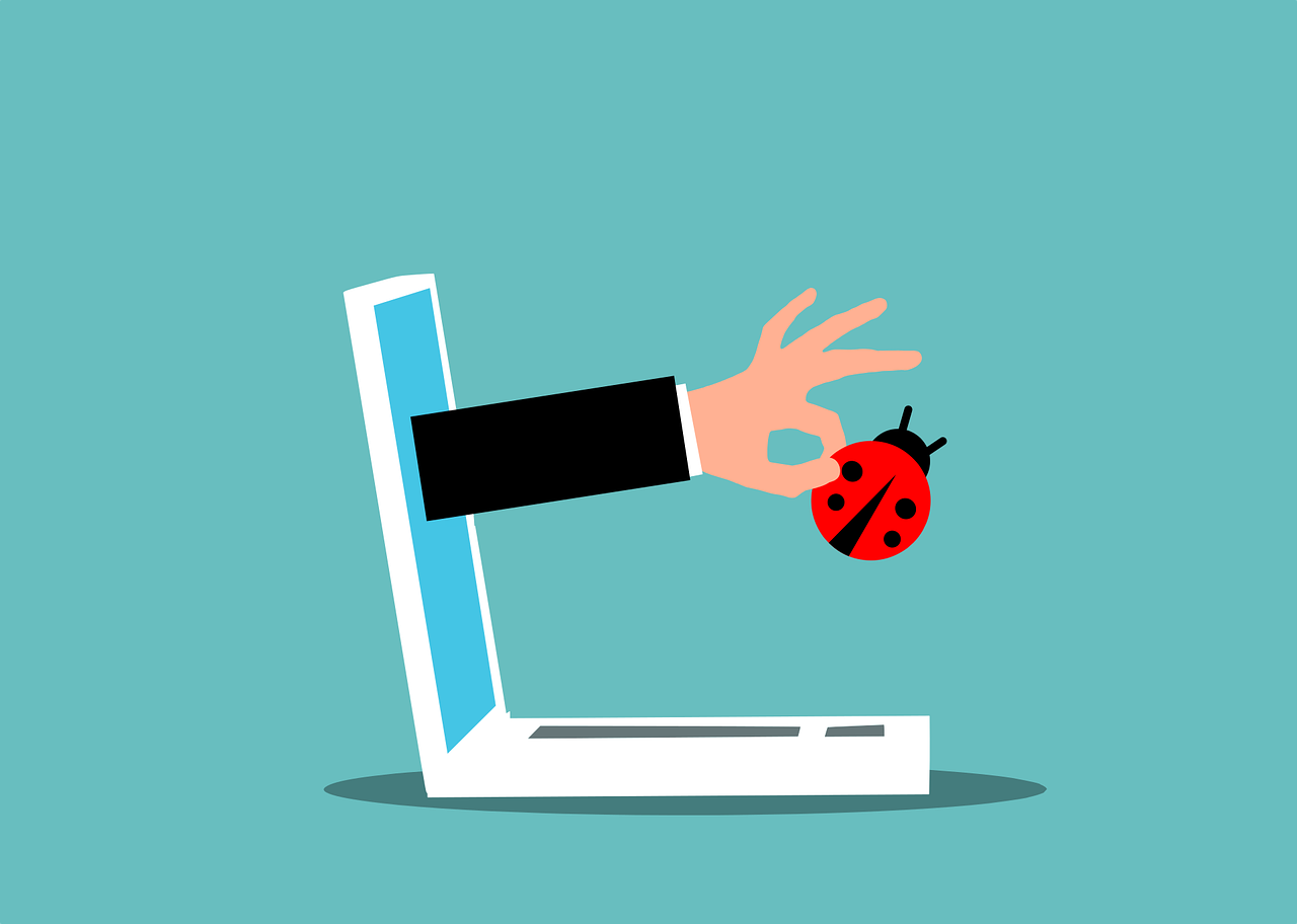 Illustration of a hand reaching out from a laptop screen holding a ladybug, symbolizing a computer bug or malware and the importance of protecting computer systems from vulnerabilities.