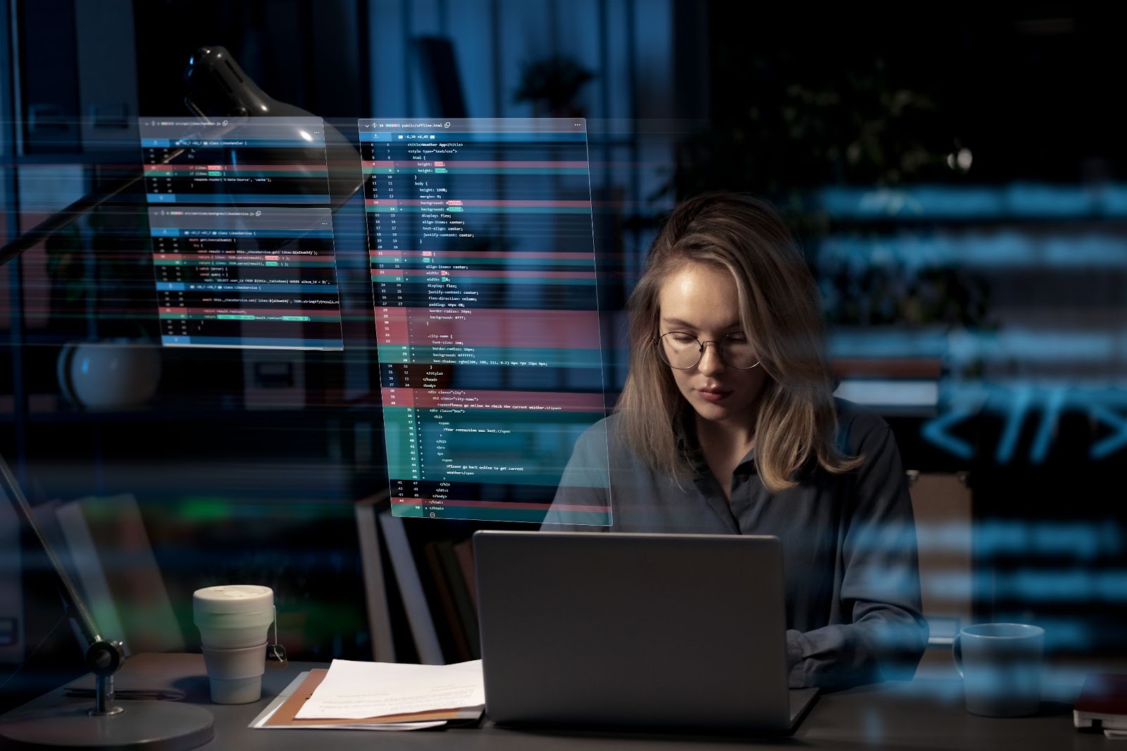 A woman focusing on her work with a cup of coffee