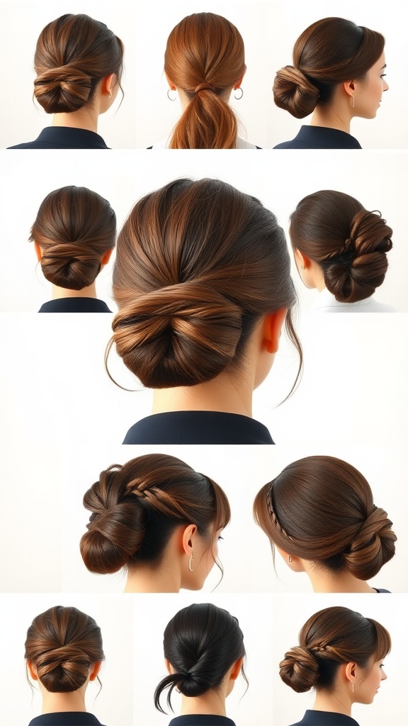 A collage of stylish knot hairstyles with textured layers suitable for cabin crew.