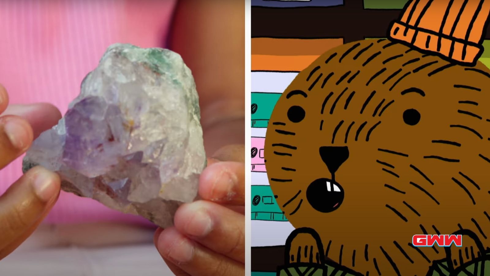 A child holding a crystal rock next to a Sheldon the beaver.