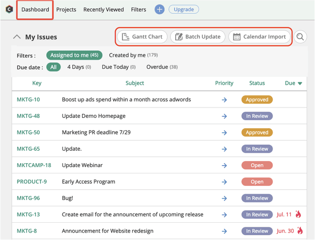 An example of individual tasks on a pm dashboard.