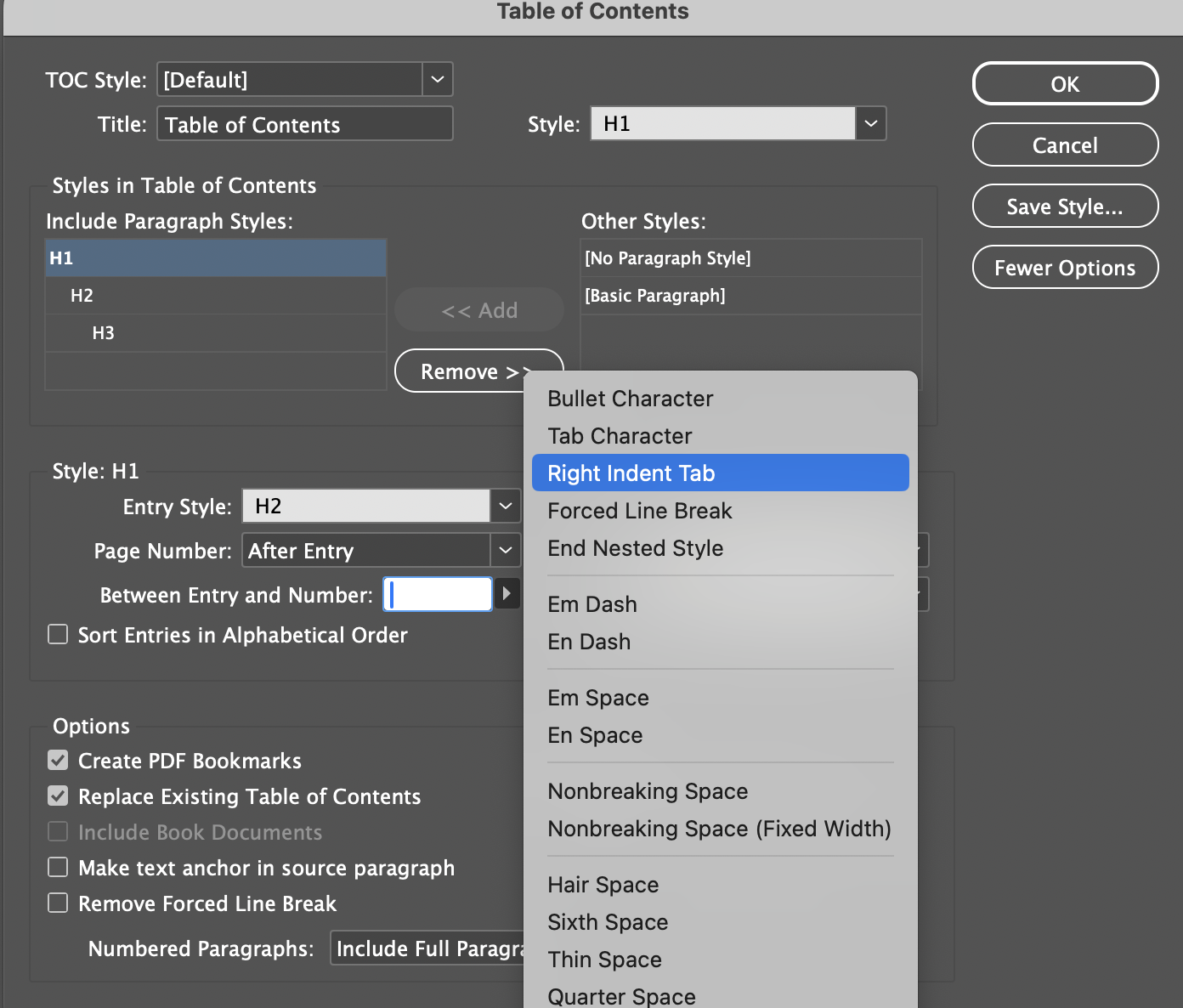 adjust between entry and number setting for table of contents
