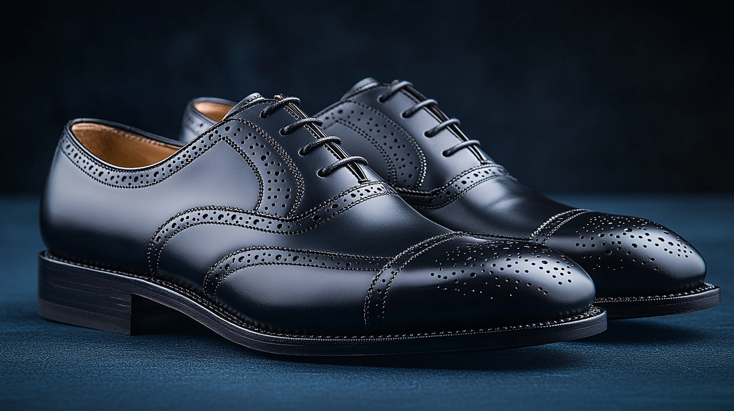 A pair of high-quality black leather Oxford shoes, neatly polished and placed on a textured dark blue surface, showcasing their smooth finish and classic laces. Alternative variations include brown leather brogues with intricate detailing, deep burgundy loafers with a soft suede finish, and navy blue derby shoes with a modern design.