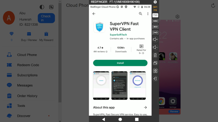 Image of SuperVPN being searched in Cloud phone on Redfinger