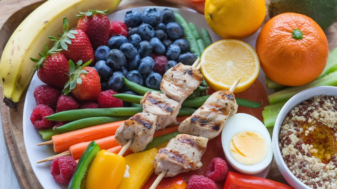 A colorful plate of fruits, vegetables, and lean protein