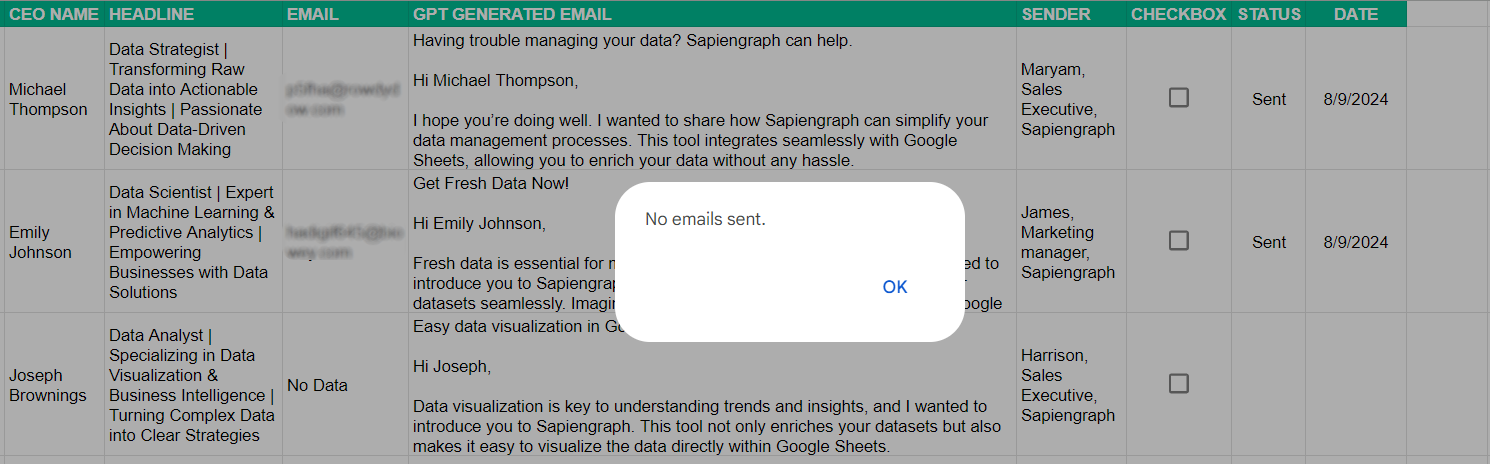 Screenshot of Apps Script notifying user of sent emails