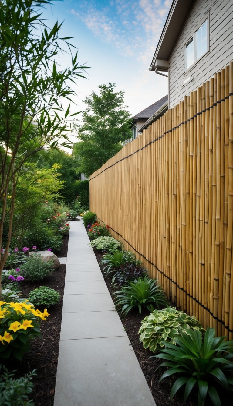 A bamboo screen creates privacy along the side of a house. A pathway leads through a landscaped garden with various plants and flowers