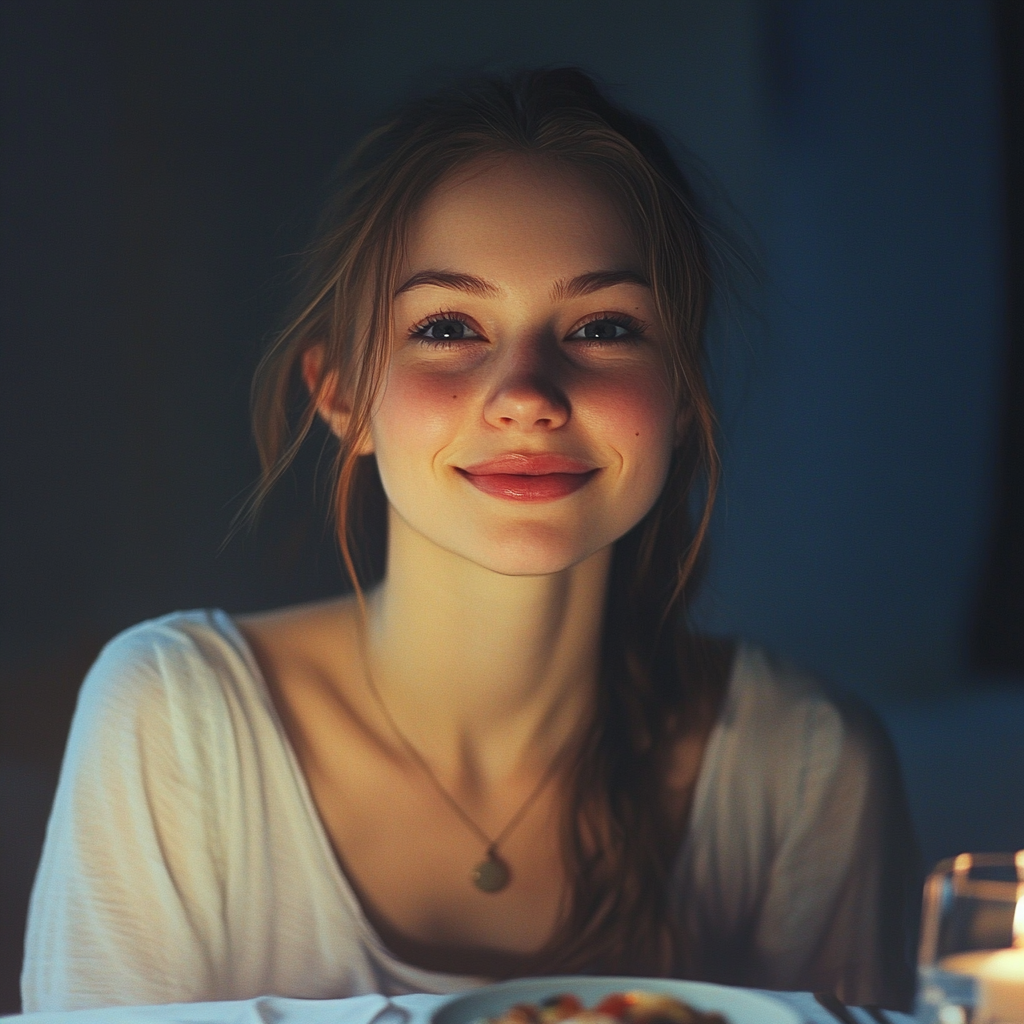 A young woman having dinner | Source: Midjourney