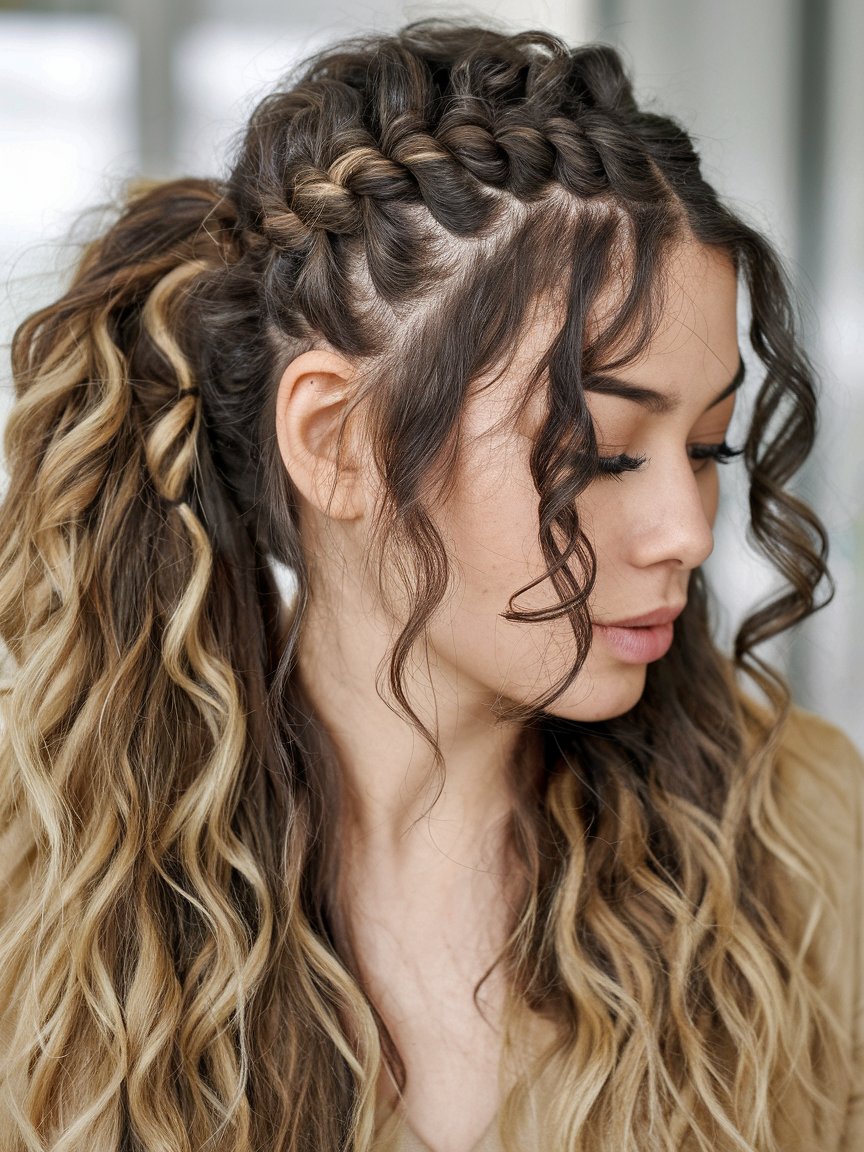 6. Center-Braid Curly Ponytail