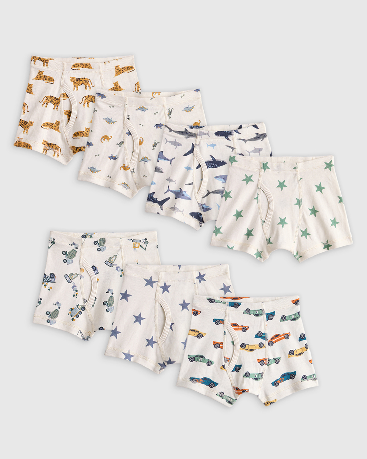 Quince natural fiber kids' underwear made from soft organic cotton, featuring enclosed elastic waistbands for added comfort and a variety of playful prints.