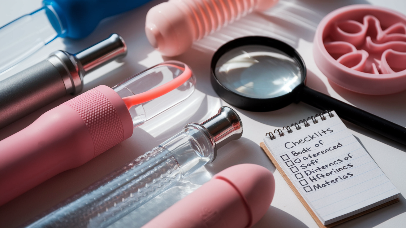 Create a realistic image of various sex toy materials being examined closely, showing silicone, glass, metal, and porous materials side by side on a clean surface with a magnifying glass nearby, soft lighting highlighting the texture differences, and a small notepad with a checklist of body-safe materials in the corner, conveying a thoughtful, educational approach to sex toy safety.