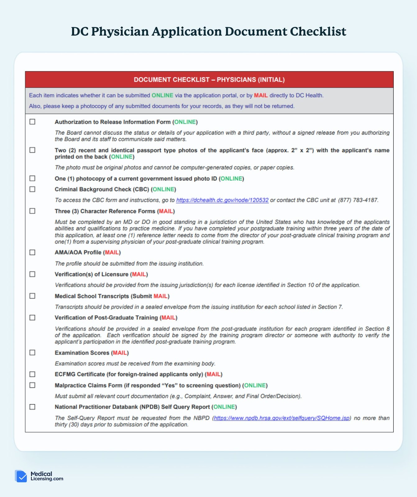 district of columbia physician application document checklist