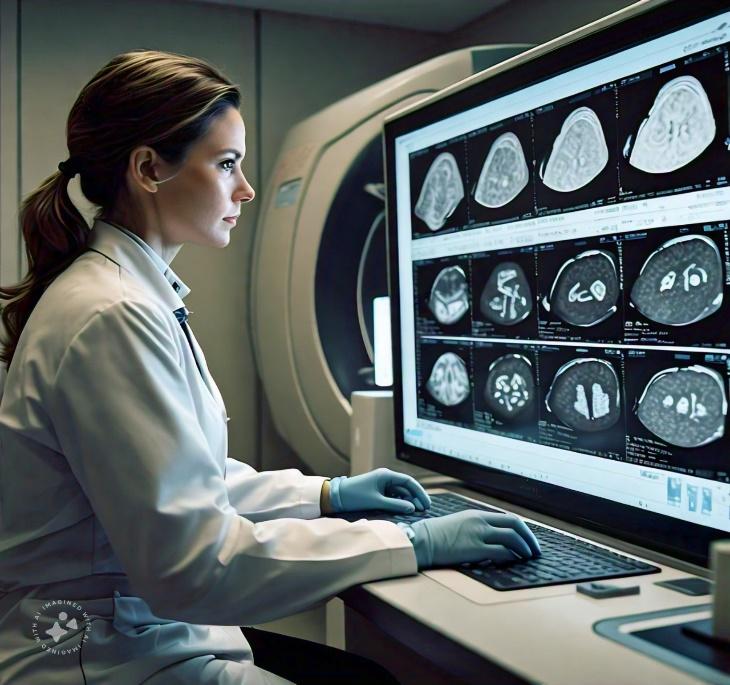 A person in a white coat looking at a computer screen<br />
<br />
Description automatically generated