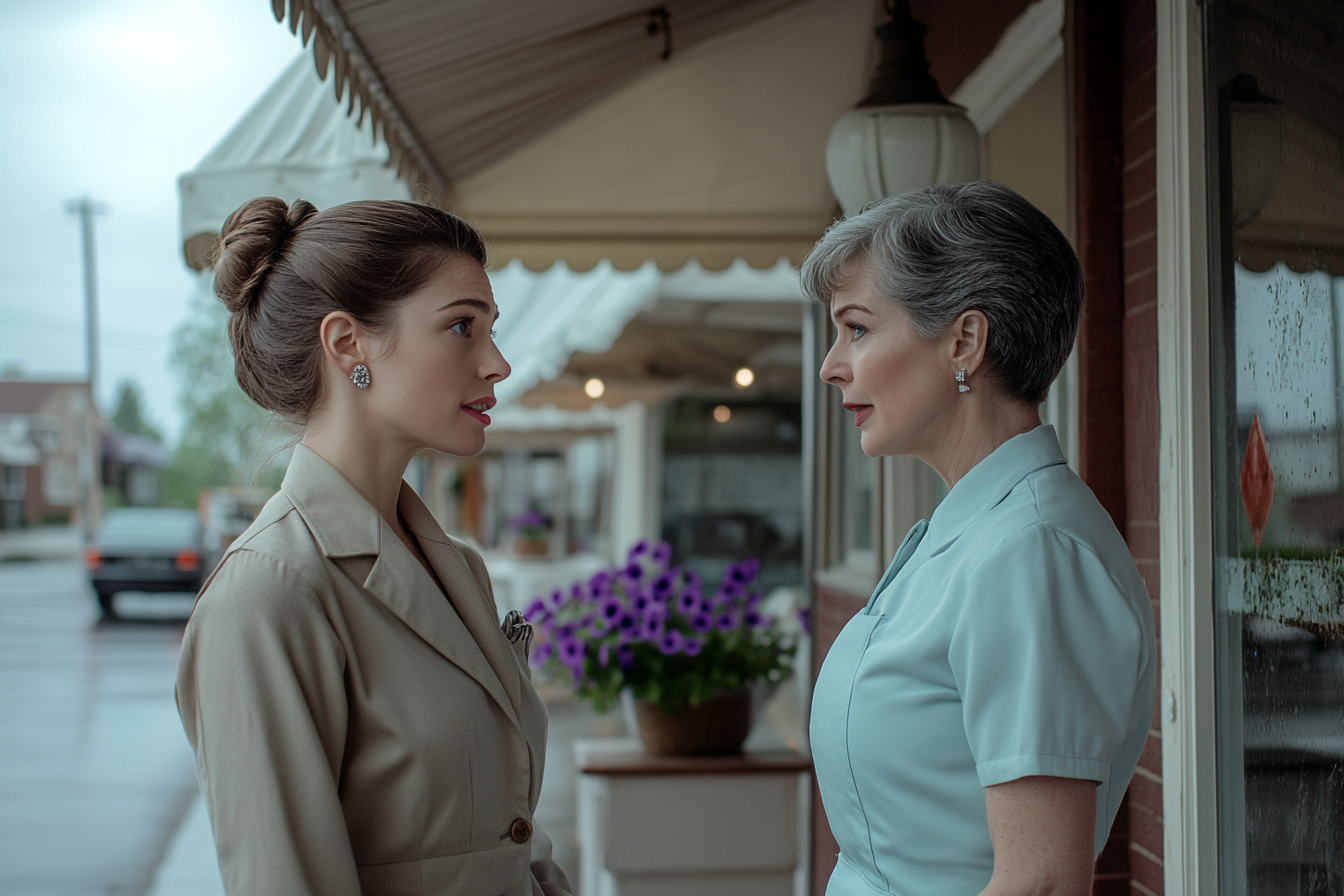 Woman in her 30s talking to a woman in her 50s beneath the awning of a red-bricked café | Source: Midjourney