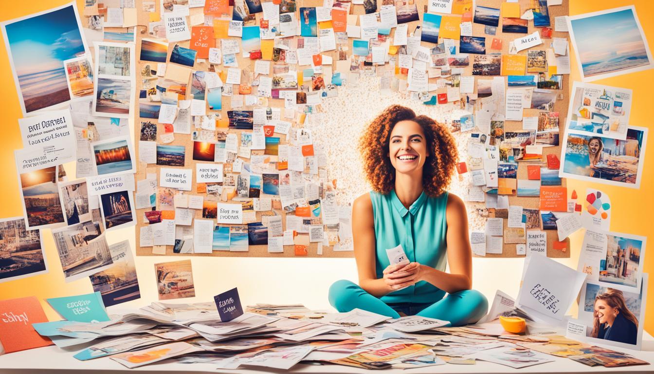 An image of a person sitting at a table surrounded by magazines, scissors, glue, and a corkboard. The person is smiling warmly while selecting colorful images and phrases that inspire them. The corkboard is covered with pictures and quotes that represent their ideal romantic partner and relationship goals. Rays of sunlight are filtering through the window, illuminating the room with a warm glow.