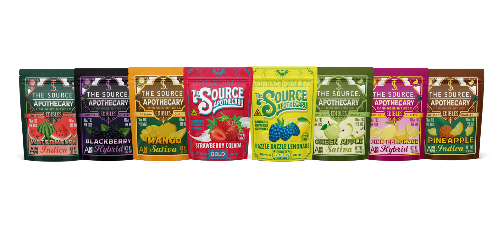 Product lineup of The Source Apothecary's signature cannabis-infused gummies. Eight colorful packages showcase various flavors: Watermelon, Blackberry, Mango, Strawberry Colada, Razzle Dazzle Lemonade, Green Apple, Pink Lemonade, and Pineapple. Each package features vibrant fruit imagery and indicates whether it's Indica, Sativa, or Hybrid. The centrally placed Strawberry Colada and Razzle Dazzle Lemonade packages are highlighted as the newest additions to the line.