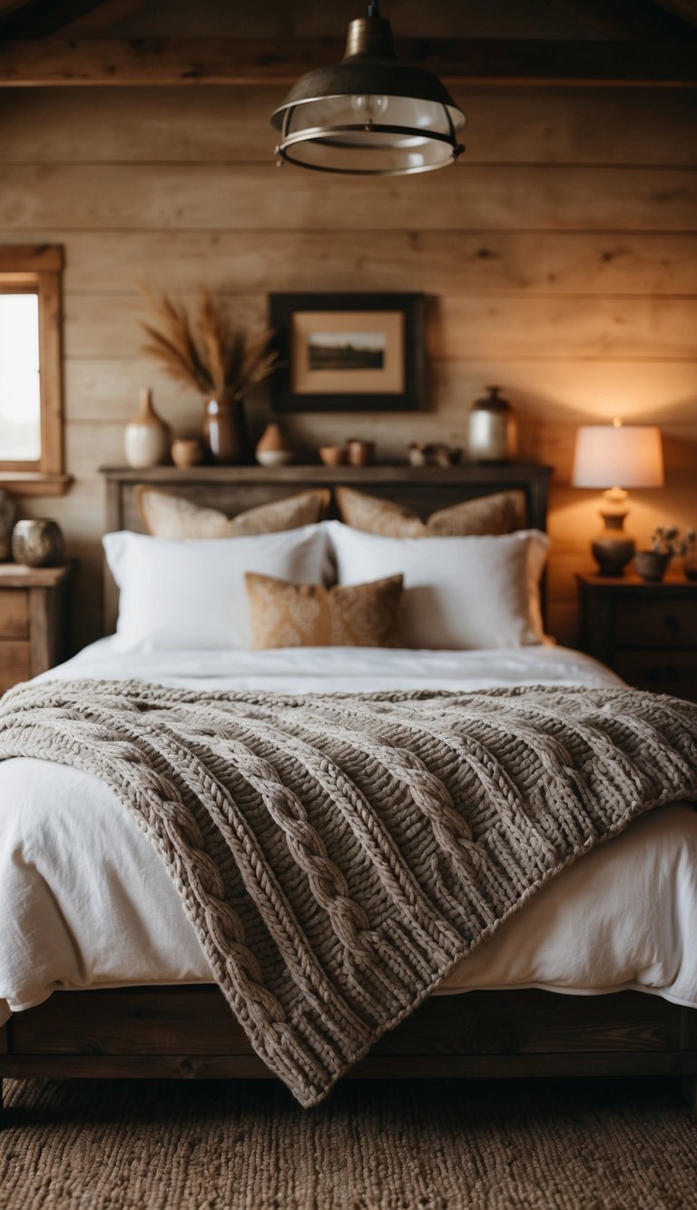 A cozy farmhouse bedroom with a chunky cable knit blanket draped over a rustic bed, surrounded by warm, earthy decor