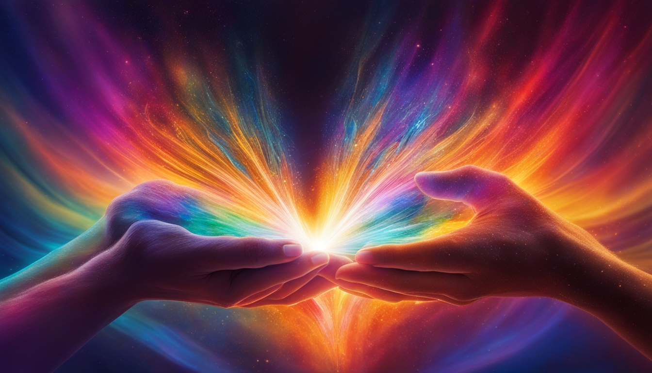 Visualize a dreamy background with two hands placed closely together, one slightly above the other. The hands are surrounded by vibrant colors and glowing energy. In the center of the hands, imagine a heart-shaped crystal with beams of light emanating from it. The crystal represents the intentions of reconnection, while the hands symbolize the power of affirmations. The overall image should convey a sense of warmth, love, and positivity.