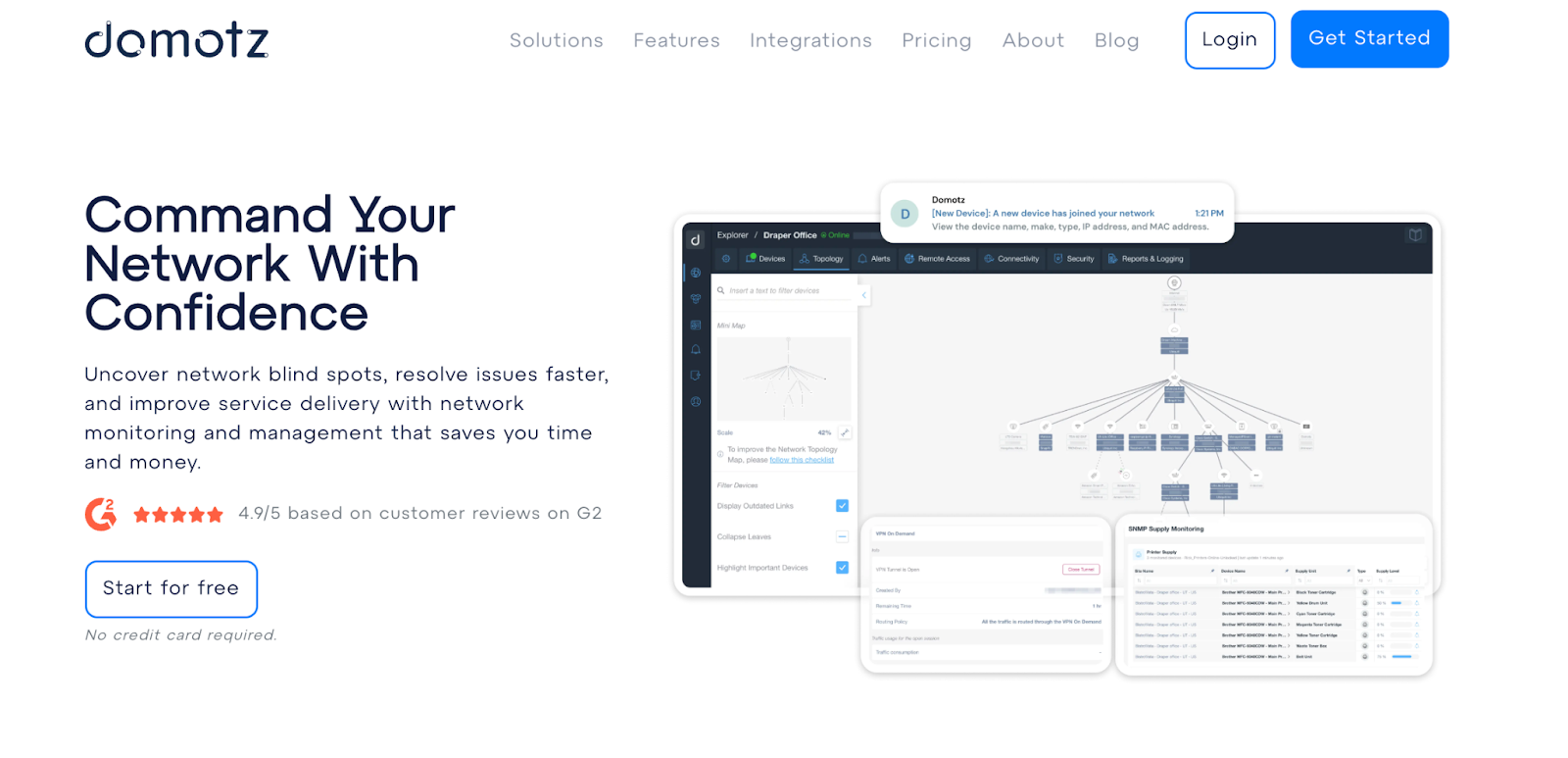 Domotz homepage picture. It says, "Command your network with confidence."