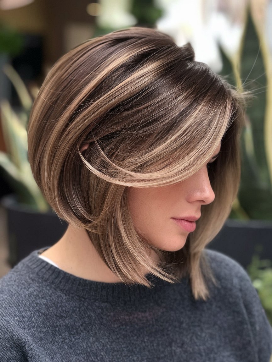 30. Sleek Stacked Bob with a Side Part