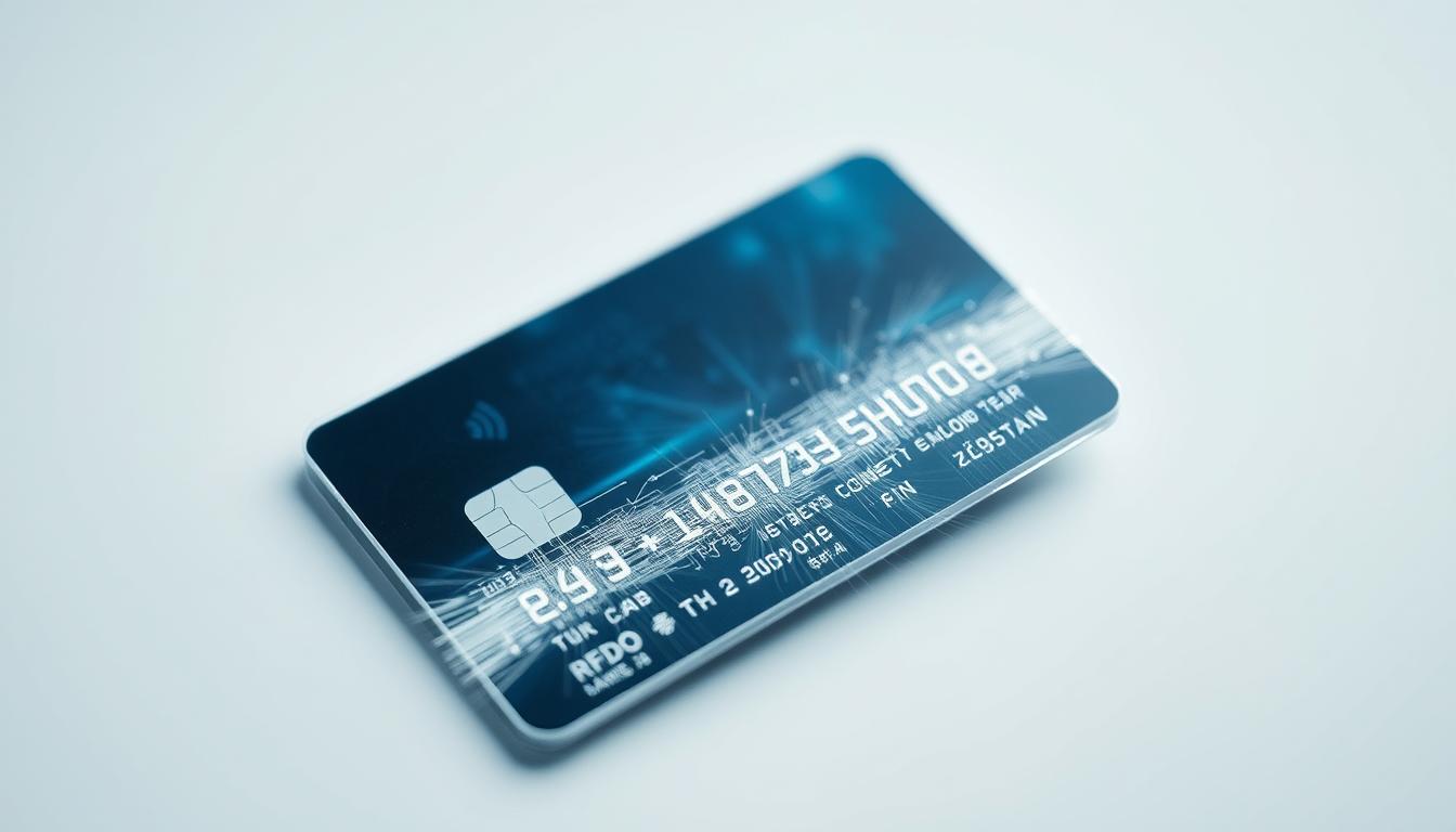 A close-up view of a credit card being shielded by a specialized RFID blocking case. The card is partially submerged in a translucent, shimmering field of electromagnetic energy, representing the protective barrier against unauthorized RFID scans. The image is captured using a high-resolution camera lens, with a shallow depth of field to emphasize the card and the blocking effect. The lighting is soft and diffused, creating a clean, technical aesthetic. The background is a muted, minimal studio setting, allowing the RFID blocking visualization to be the central focus.