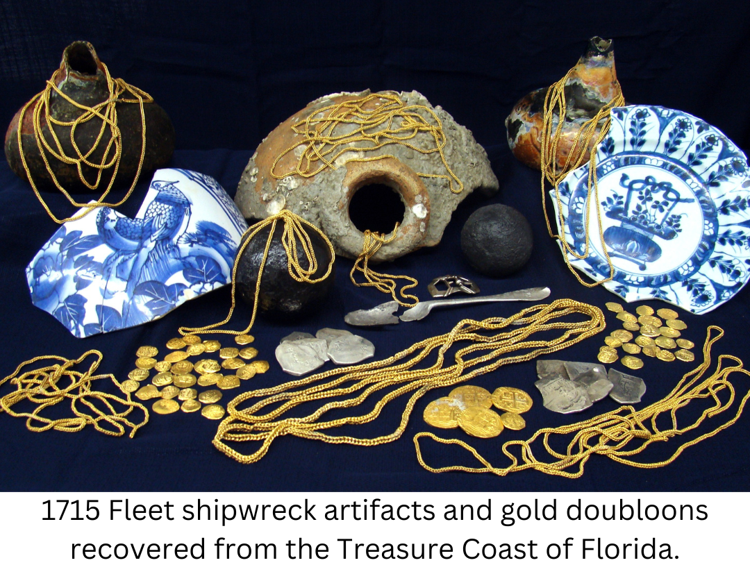 1715 Fleet shipwreck artifacts and gold doubloons recovered from the Treasure Coast of Florida