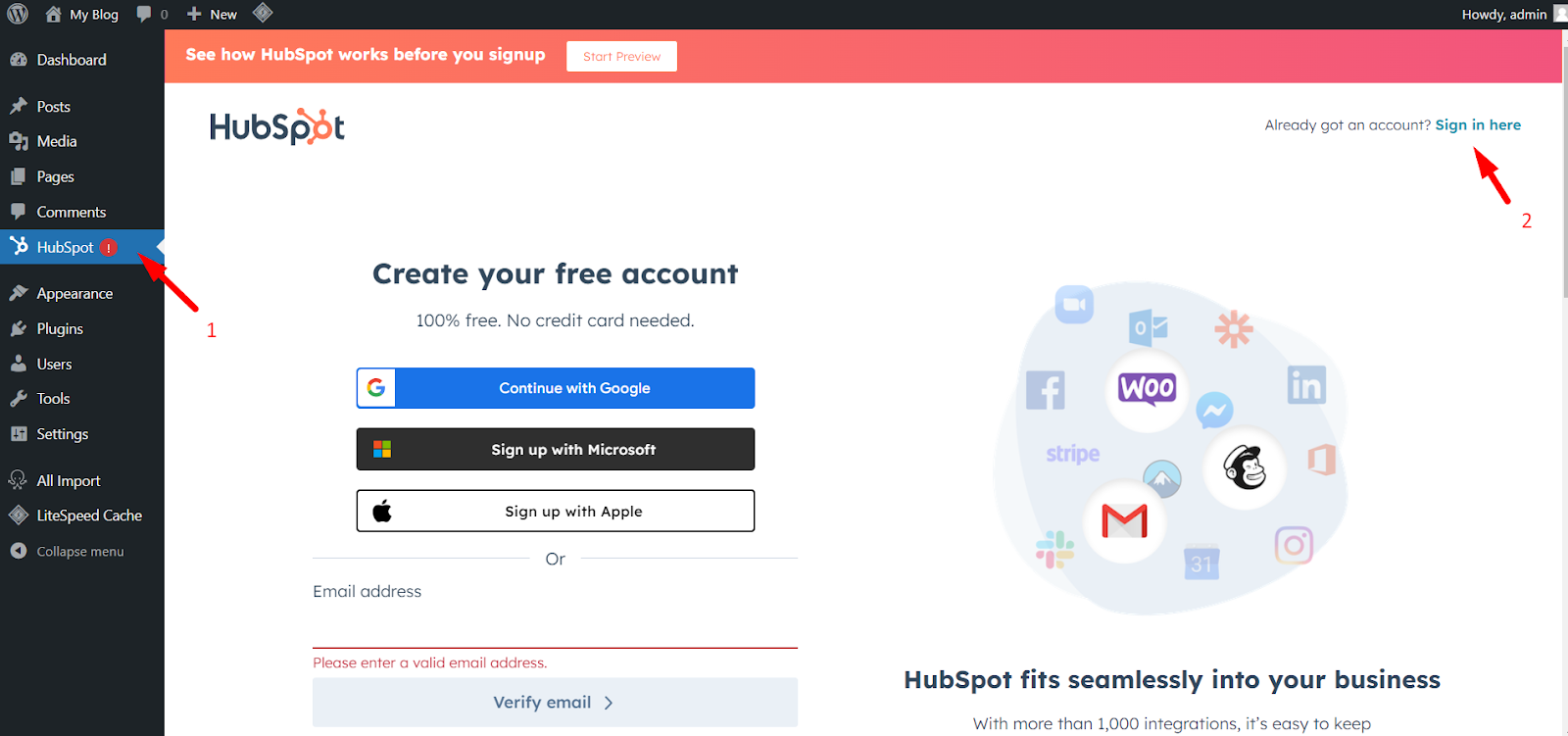 Sign in to HubSpot plugin