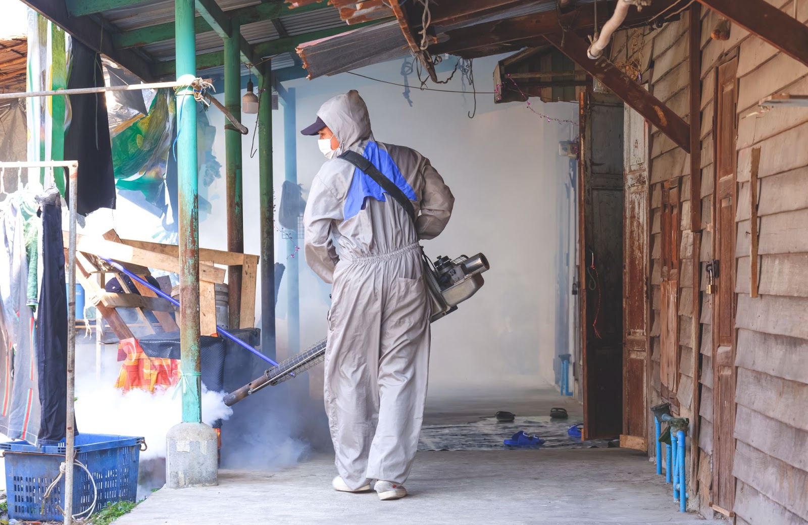 Pest control worker using a fogging machine to treat an outdoor area.