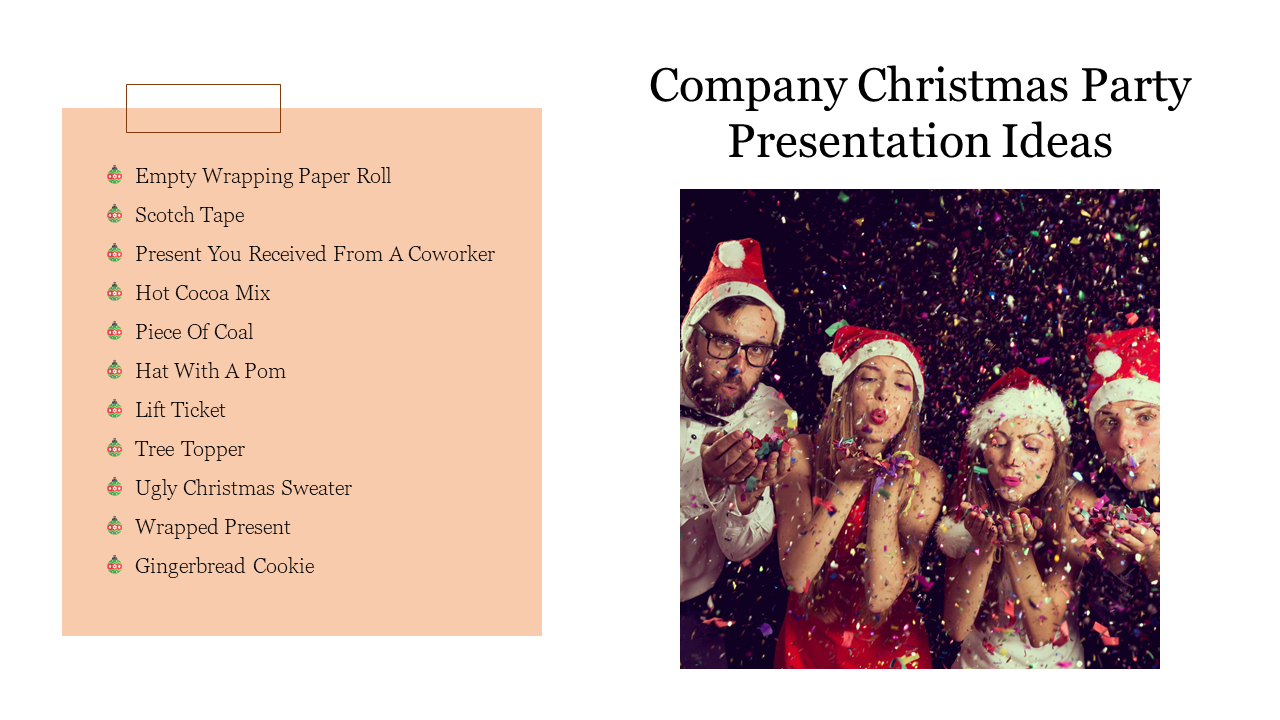 Company Christmas party slide with a festive item list on the left and a photo of coworkers in Santa hats celebrating with confetti.