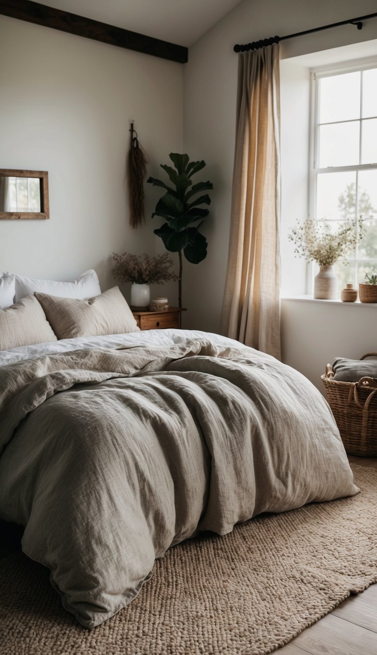 A cozy farmhouse bedroom with a vintage washed linen duvet set, surrounded by rustic decor and natural light filtering through the window