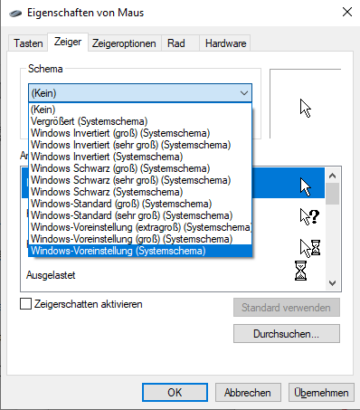 Zeigerschema in Windows zurücksetzen