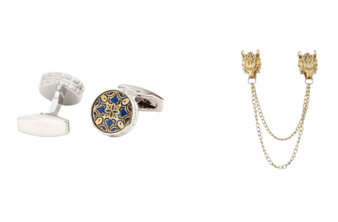 Gemelos de oro azul marino y broche con doble cabeza de dragón