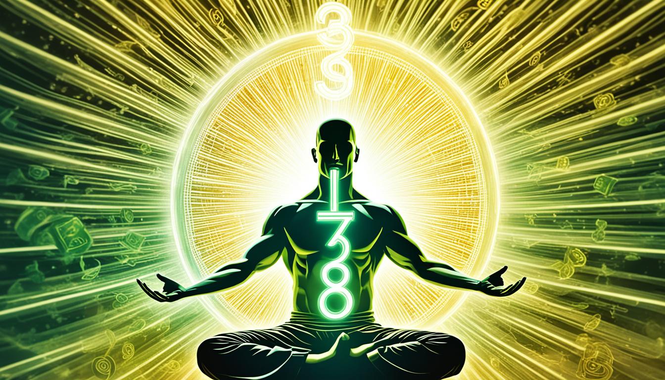 An image of a golden number "369" radiating energy and light, with a faded background depicting a person meditating and connecting with the spirit realm to manifest money fast. The number should be the focal point and appear larger than the person in the background. The energy emanating from the number should be depicted as waves of light, flowing outwards and enveloping the person in a cocoon of abundance and prosperity. The person should have their eyes closed with a serene expression, showing that they are fully immersed in their manifestation practice. In the foreground, include various symbols of wealth and prosperity such as gold coins, dollar bills, and a vision board with images of their desired life. Overall, the image should evoke feelings of empowerment, abundance, and spiritual connection.