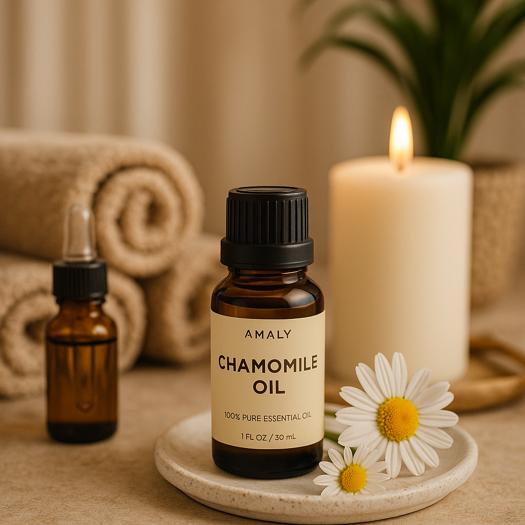 chamomile oil bottles from Amaly store in spa or beauty center