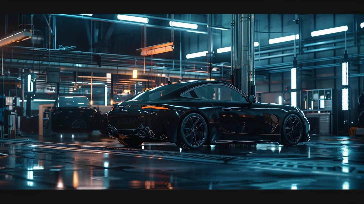 a modern urban garage setting featuring a sleek, freshly coated vehicle under bright artificial lights, highlighting the immaculate shine of its ceramic coating against an industrial backdrop.