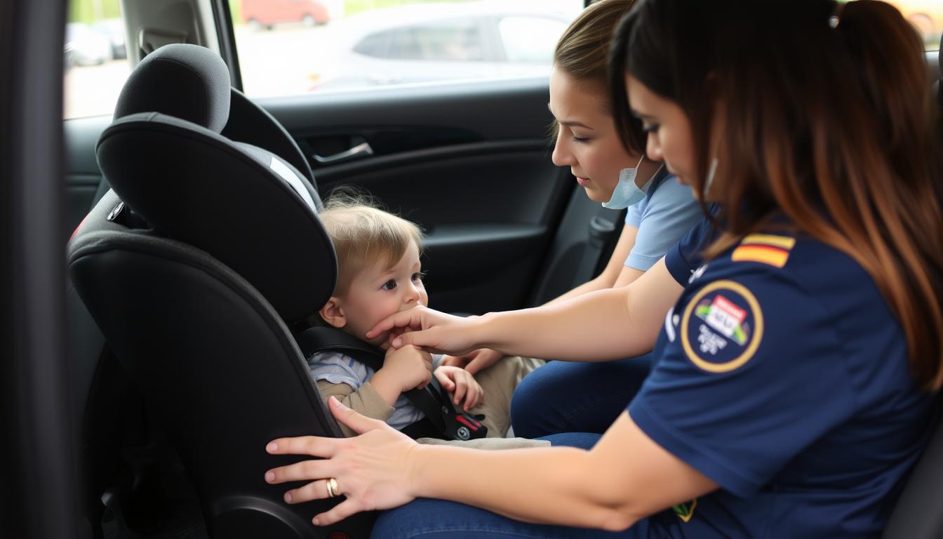 Certified Child Passenger Safety Technician checking car seat installation
