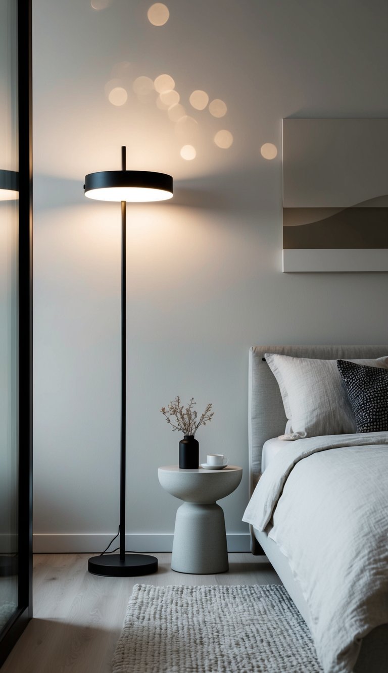 A simple floor lamp illuminates a minimalist bedroom with clean lines and neutral colors