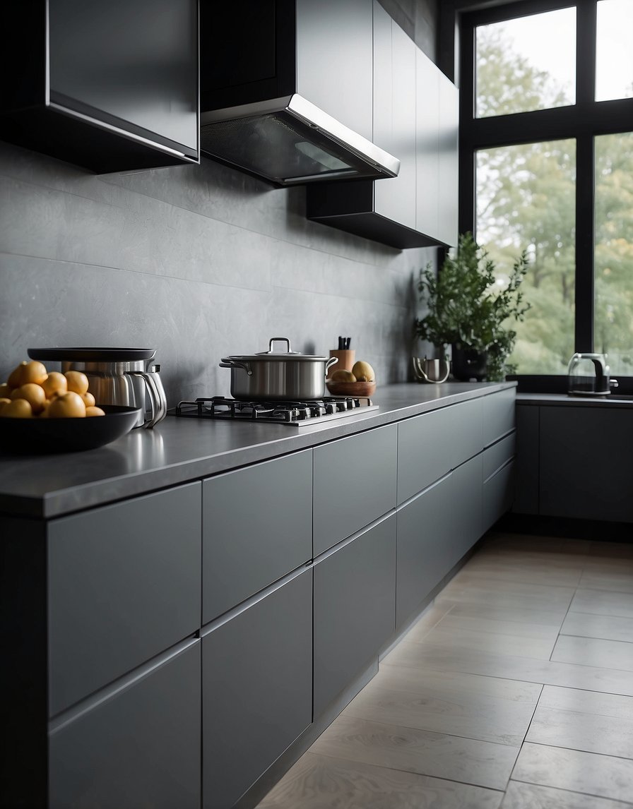 A sleek, modern kitchen with smoky gray cabinets, clean lines, and a sophisticated atmosphere