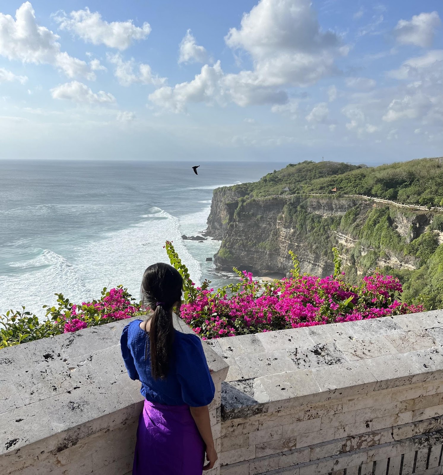 cliff top view of the ocean below with clear blue skies in uluwatu,bali