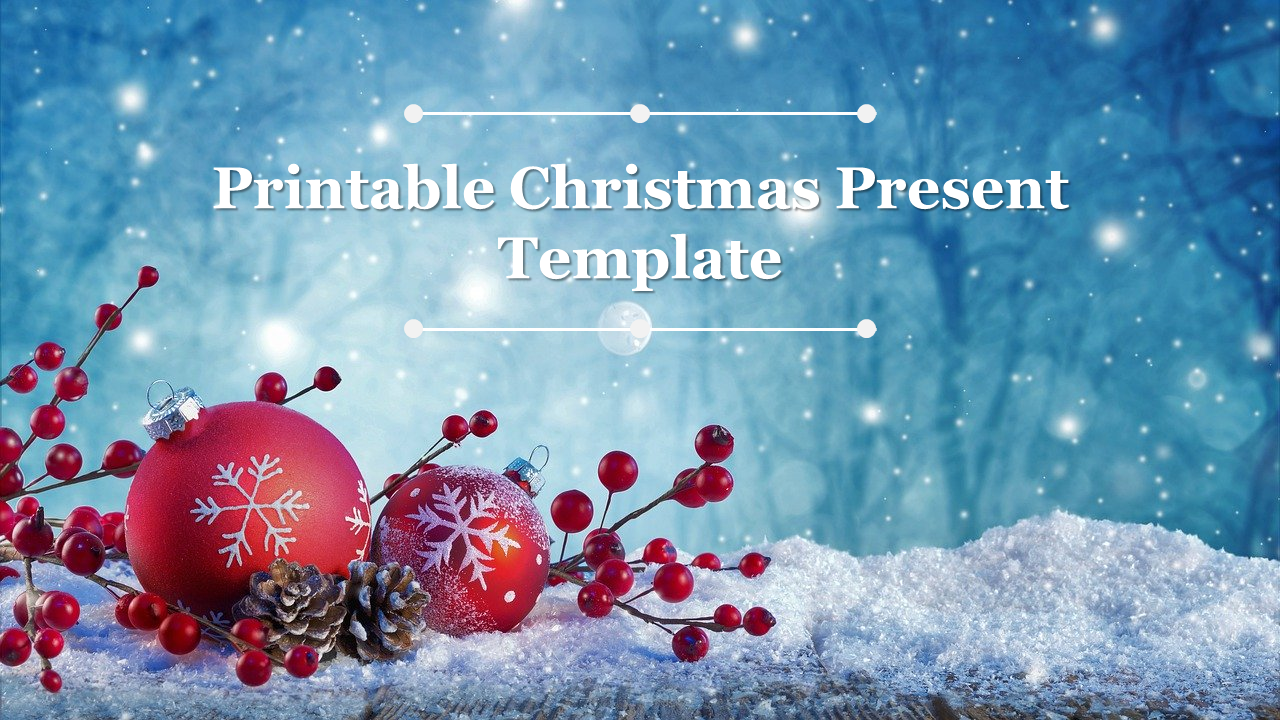 Snowy Christmas scene with red ornaments, pinecones, and berries on a frosty background, featuring festive template text.