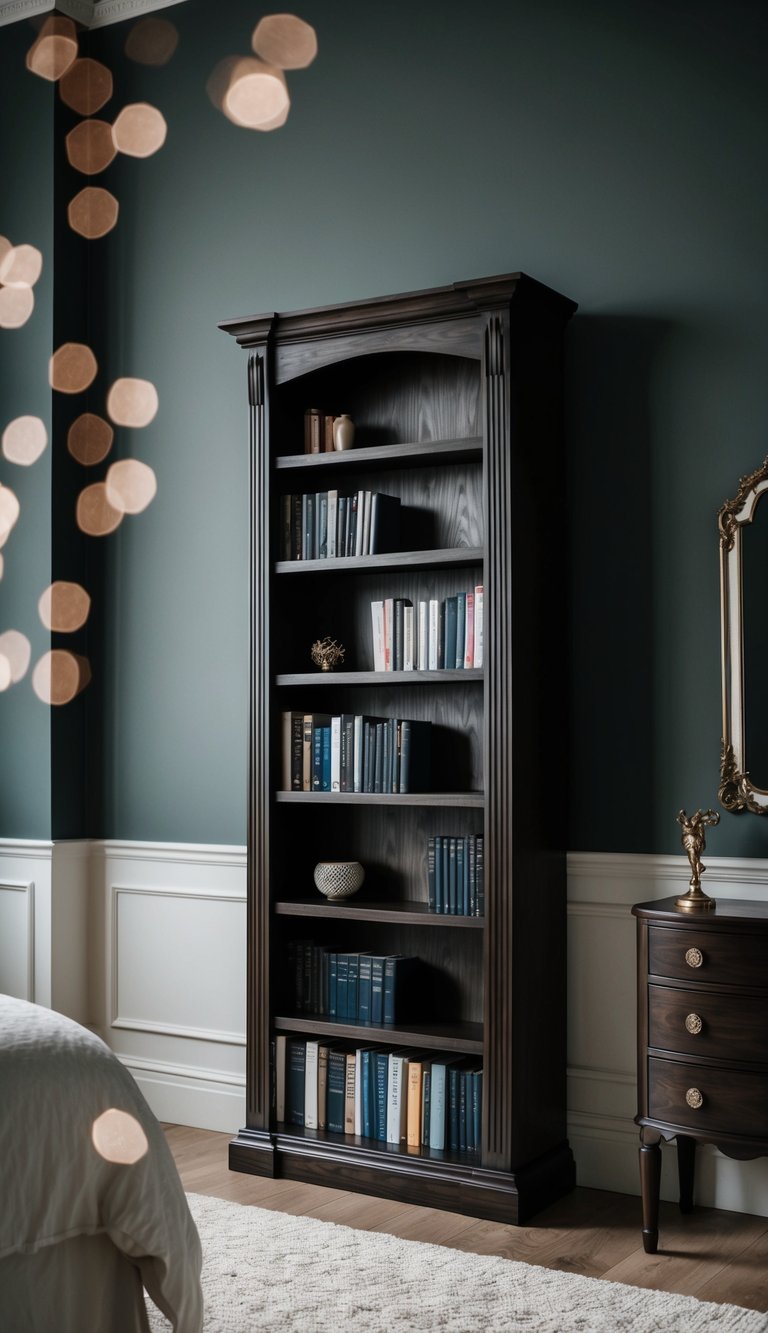 A dark oak bookshelf stands in a dark, feminine bedroom