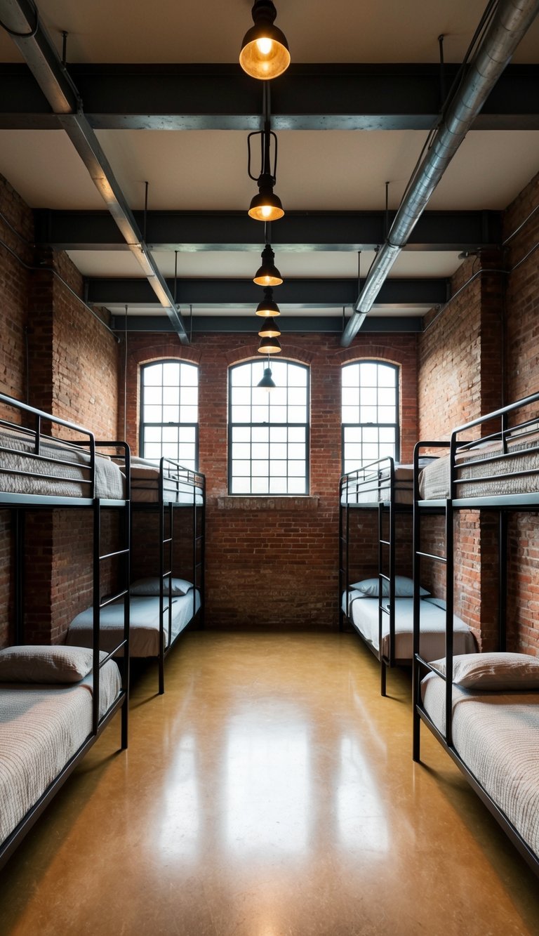 A large, open industrial-style bunk room with exposed brick walls, metal bed frames, and vintage decor. Multiple bunk beds line the walls with cozy bedding and industrial-style lighting fixtures overhead