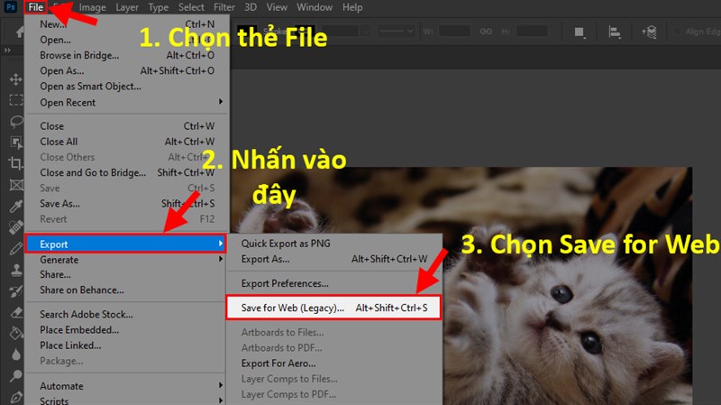 Nhấn vào mục File > Chọn Export > Chọn Save for Web