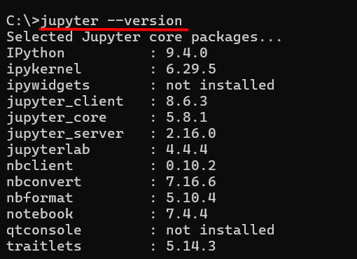 Terminal displaying Jupyter version using jupyter --version command