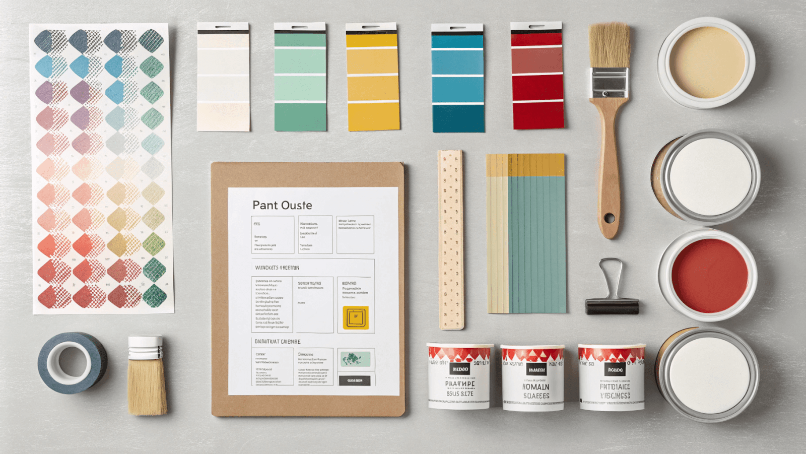 Flat-lay photo showing paint supplies and testing materials