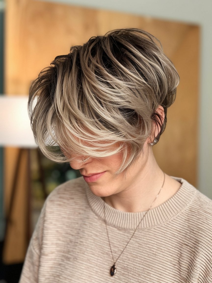 28. Short Textured Hair with Balayage