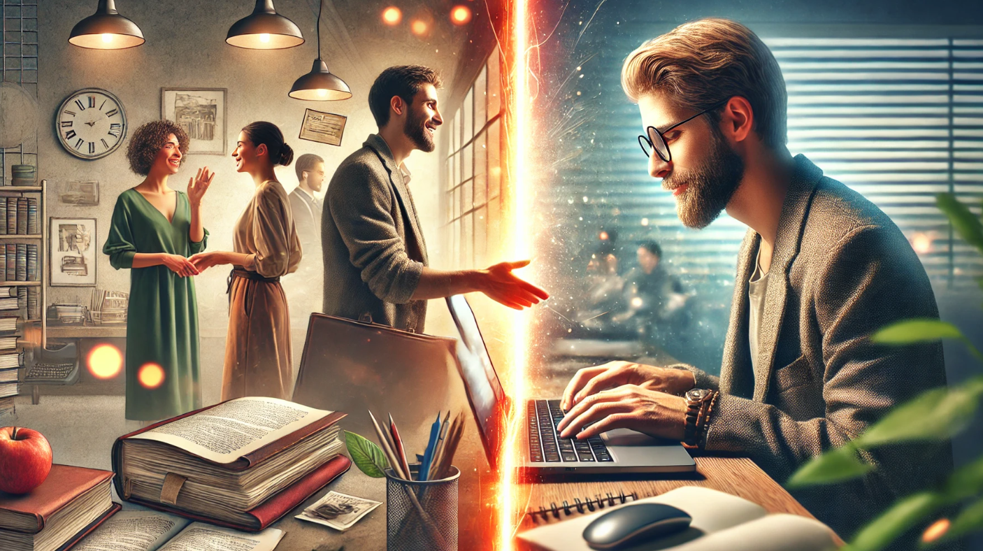 A split-scene illustration showing two contrasting work environments: on the left, a warm, vintage-style office with people engaged in conversation and books scattered on a desk; on the right, a modern, digital workspace where a focused man types on a laptop, separated by a glowing divide
